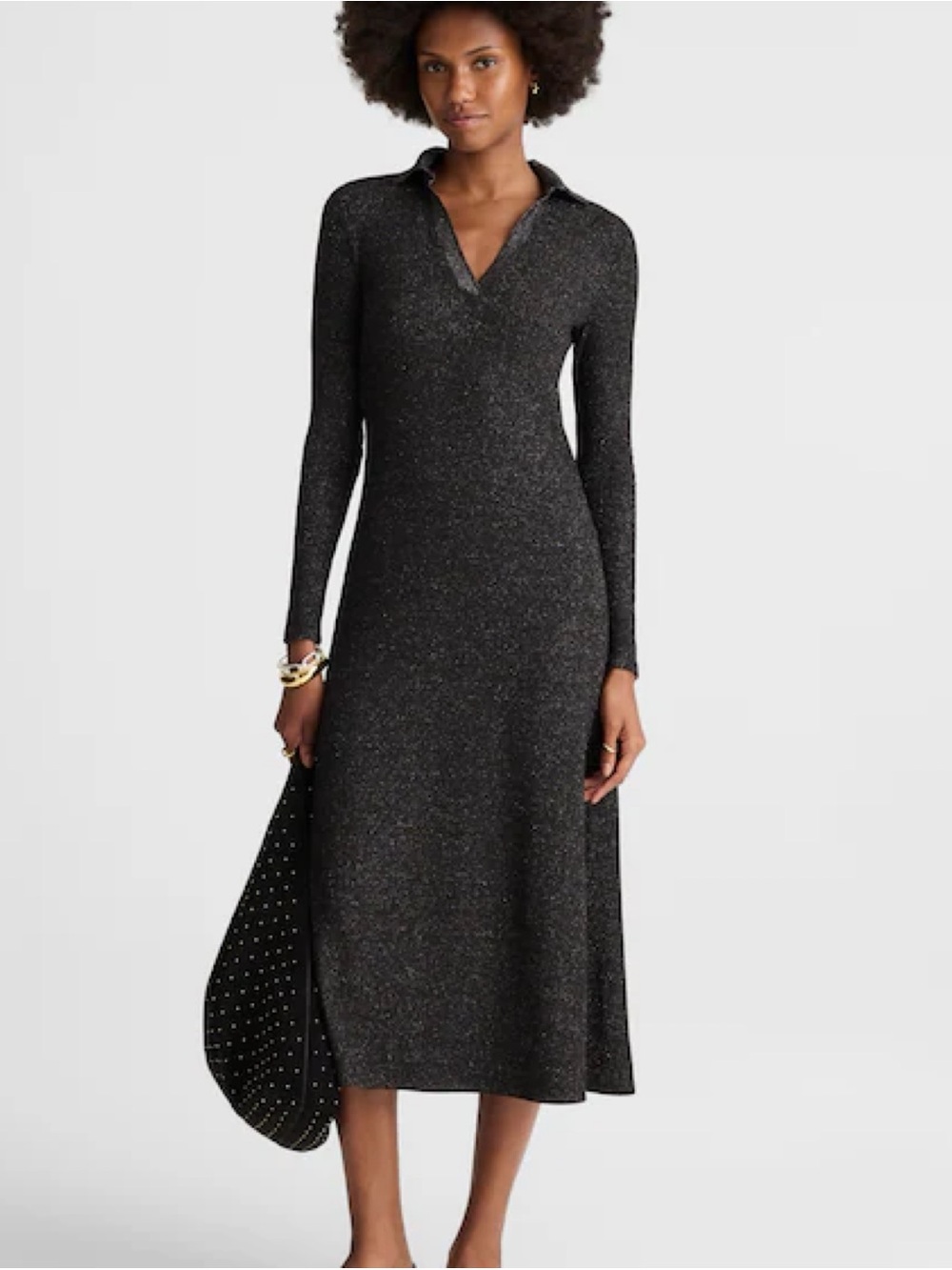 Madewell Ribbed Y-Neck Polo Maxi Dress Lurex Black Sparkle Shimmer M NWT